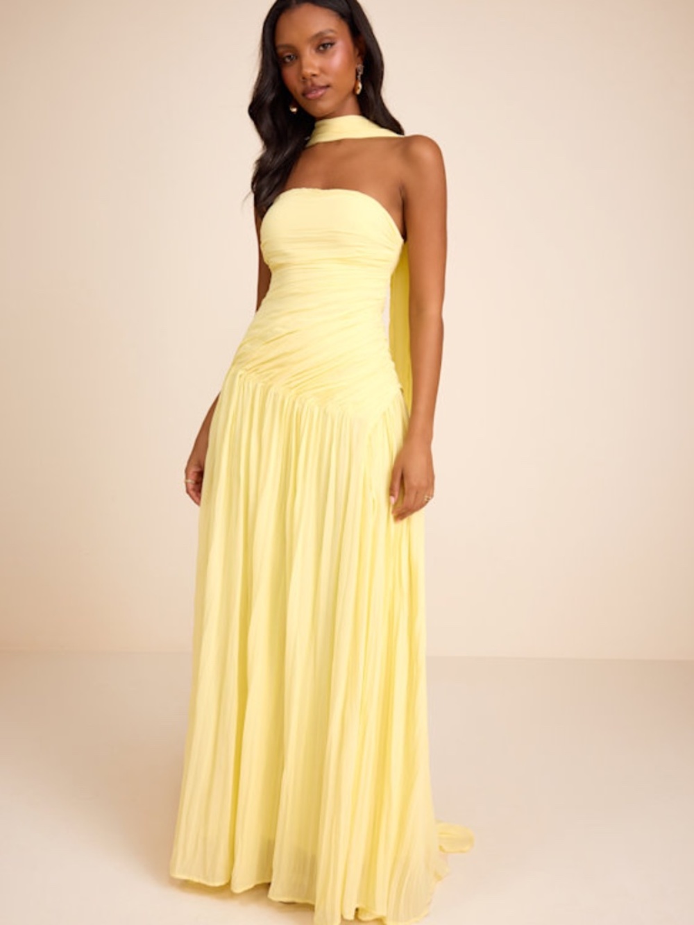 Lulus Nellie Light Yellow Pleated Maxi Dress And Scarf Set - Size S